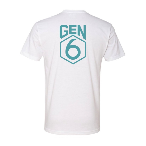 Back view of white GLOCK Gen6 T‑shirt with a large Gen 6 graphic printed in contrasting color