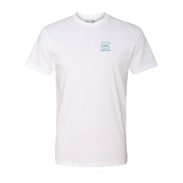 Front view of white GLOCK Gen6 T‑shirt featuring a small GLOCK logo on the left chest