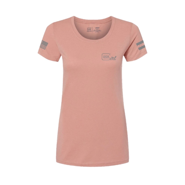 Pink women's fitted t-shirt with small GLOCK Girl logo on the front and flag graphic on the sleeve.