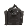 Side view of a black GLOCK range bag showing MOLLE-style webbing, zippered side pockets, and the attached shoulder strap hardware.